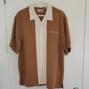 Cubavera Men's Brown and Cream Button Down Short Sleeve Shirt